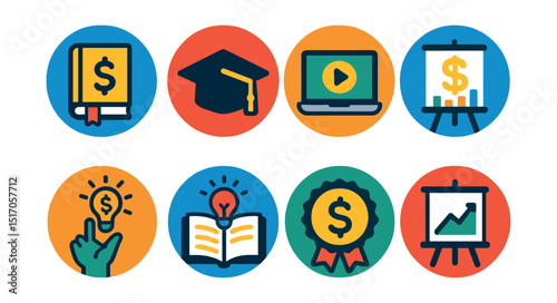 Flat vector icons of financial education (in circles): finance book, graduation cap, online finance course, budget lesson, money tips icon, knowledge icon, financial literacy badge, course chart.