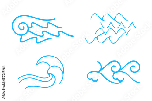 Set of blue line waves or wave lines. Water outline symbol. Sea and Ocean signs. Zigzag line and water logo. Vector illustration. 