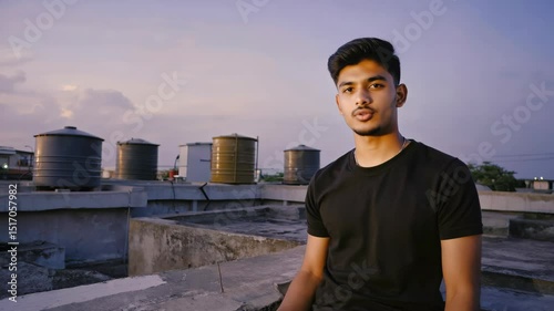 Wallpaper Mural Young man practicing meditation on a rooftop at sunset, with water tanks in the background, promoting mindfulness and inner peace in urban environment Torontodigital.ca