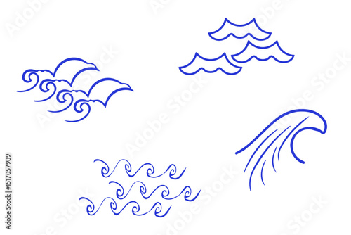 Set of blue line waves or wave lines. Water outline symbol. Sea and Ocean signs. Zigzag line and water logo. Vector illustration. 