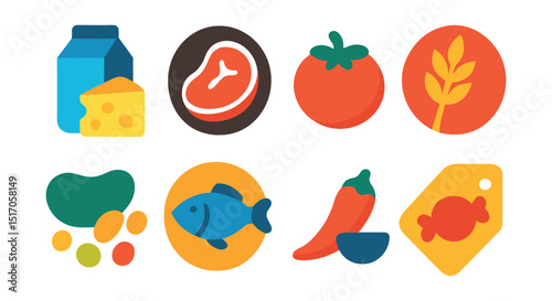 Flat vector icons of food categories: dairy icon, meat icon, produce icon, grains symbol, legumes, seafood symbol, spices icon, sweets tag.