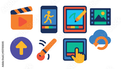 Flat vector icons of animation apps and platforms: animation app logo, mobile animation editor, drawing UI on tablet, render preview icon, project export button, stylus tap, touch frame editor, cloud