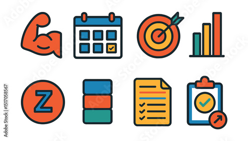 Flat vector icons of training programs: split routine, weekly calendar, goal-based plan, intensity level, rest day icon, training blocks, plan overview, tracking phase.