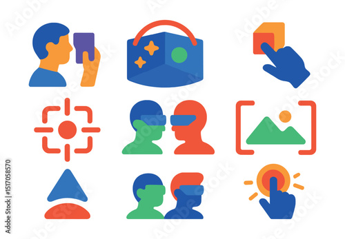 Flat vector icons of AR user experience: user looking through device, immersive space, real-virtual interaction, focus point icon, multi-user AR, first-person view, AR zone indicator, gesture