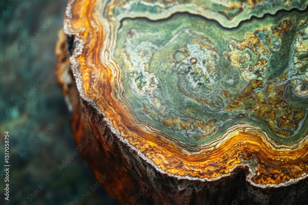 Fototapeta premium Close-up of a sliced tree trunk revealing intricate growth rings and vibrant colors.