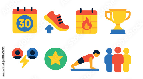 Flat vector icons of fitness challenges: 30-day challenge, step goal, streak calendar, challenge trophy, friend competition, daily milestone, push-up count, community challenge.