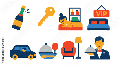 Flat vector icons of luxury hospitality: champagne bottle, golden key, spa room, exclusive suite, chauffeur car, fine dining, luxury lounge, butler service.