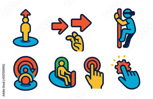 Flat vector icons of motion and interaction mechanics: teleportation icon, smooth locomotion arrows, object grab gesture, VR climbing motion, rotation UI, movement comfort mode, touch input icon,