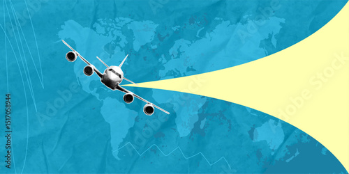 Trendy halftone pop art collage with airplane and world map, copy space. Travel and tourism concept.