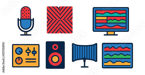 Flat vector icons of home studio setup: USB mic, foam panels, mini controller, desktop DAW, audio plugins, monitor speaker, acoustic screen, edit session.