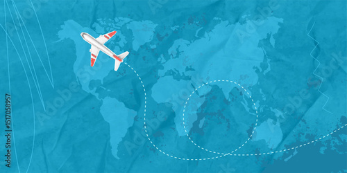Trendy Halftone Pop Art Collage. World Map with Dotted Airplane Flight Path.Global logistics, shipping and international connections are visualized.