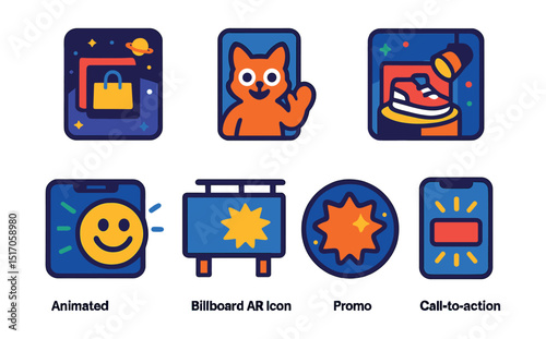 Flat vector icons of AR for advertising and branding: pop-up offer in space, brand mascot overlay, immersive banner ad, product spotlight, animated brand sticker, billboard AR icon, promo badge with
