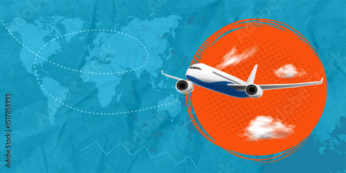 Trendy halftone pop art collage with airplane and world map. Global logistics, shipping and international connections are visualized.