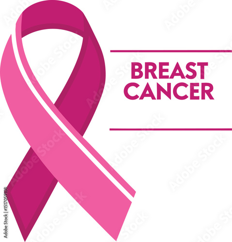 Pink ribbon with breast cancer text on white background for awareness month and support campaign