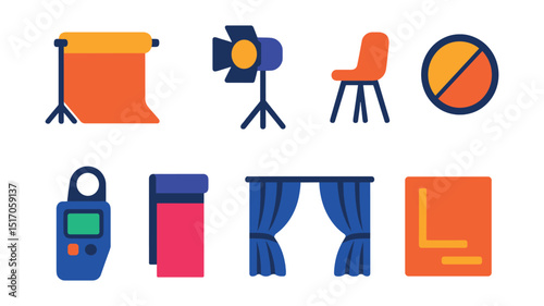 Flat vector icons of photo studio gear: backdrop roll, studio light, model pose chair, reflector disc, light meter, seamless paper, studio curtain, floor markings.
