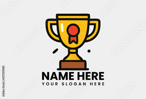 A golden trophy icon adorned with a red ribbon symbolizing success and a top achievement. Award concept
