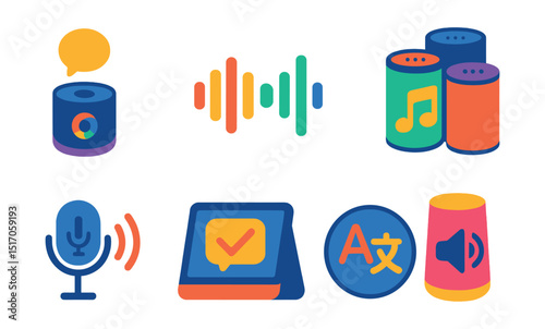 Flat vector icons of smart speakers and assistants: voice assistant icon, voice waveform, music control speaker, speaker group icon, command recognition, smart display speaker, language icon, speaker