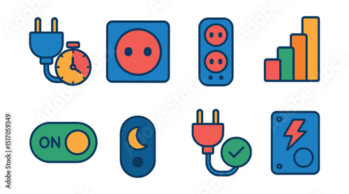 Flat vector icons of smart plugs and energy control: plug with timer, socket icon, grouped outlet icon, usage bar icon, energy-saving toggle, night mode switch, plug connection status, smart relay.