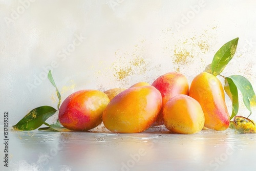 A vibrant display of fresh mangoes with leaves, capturing their juicy colors and inviting tropical essence.