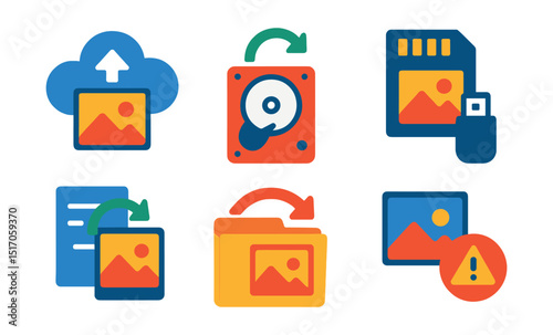 Flat vector icons of image backup and storage: cloud backup, hard drive, SD card icon, USB photo backup, file sync icon, backup folder, restore image, storage warning.