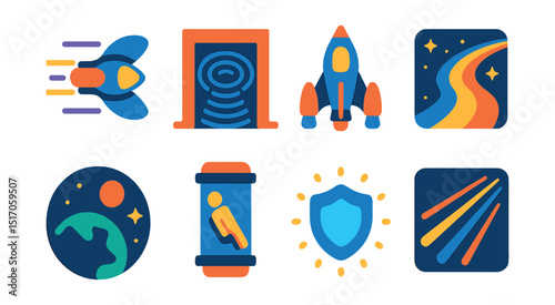 Flat vector icons of interstellar travel concepts: warp drive, wormhole gateway, deep space ship, cosmic highway, alien planet silhouette, suspended animation pod, energy shield, light-speed trail.