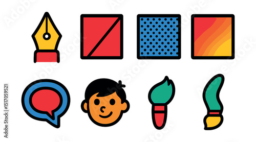 Flat vector icons of illustration techniques: ink pen, line art, stippling pattern, shading gradient, flat color fill, comic style, cartoon face, inking brush.