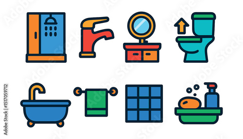 Flat vector icons of bathroom improvement: shower cabin, new faucet, vanity mirror, toilet upgrade, bathtub icon, towel hanger, tile wall, soap shelf.