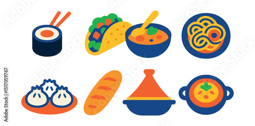 Flat vector icons of cultural cuisine: sushi roll, taco, curry bowl, pasta plate, dumplings, baguette, tagine, traditional dish icon.