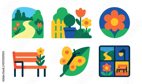 Flat vector icons of garden beauty and inspiration: garden path view, aesthetic garden corner, bloom showcase, flower highlight, peaceful bench, butterfly on leaf, evening light scene, garden