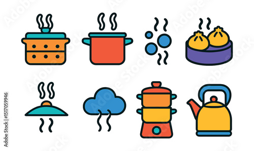 Flat vector icons of steaming and boiling techniques: steam basket, pot with steam, boiling bubbles, dumplings in steam, lid with steam lines, steam cloud, double boiler, hot water kettle.
