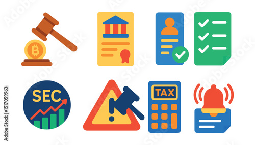 Flat vector icons of crypto regulation and policy: gavel with coin icon, government document, KYC form, compliance checklist, SEC chart icon, legal warning symbol, tax calculator, regulatory change