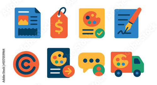 Flat vector icons of freelance art business: invoice icon, art pricing tag, art license, contract signature, copyright badge, commission request, client message, delivery icon.