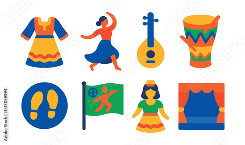 Flat vector icons of dance culture and heritage: traditional costume icon, cultural dance pose, ethnic music instrument, festival drum, heritage steps, global dance flag, regional style, culture