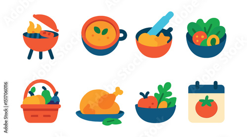 Flat vector icons of seasonal cooking: summer BBQ, autumn soup, winter baking, spring salad, seasonal produce basket, holiday meal, seasonal herbs, food calendar.
