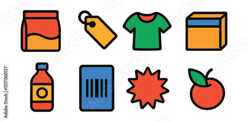 Flat vector icons of retail products: packaged product icon, price tag, clothing item, boxed good, branded bottle, product with barcode, new arrival icon, seasonal product.