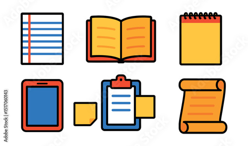 Flat vector icons of writing surfaces: lined paper, notebook, open journal, sketchpad, writing tablet, sticky notes, clipboard with paper, parchment scroll.