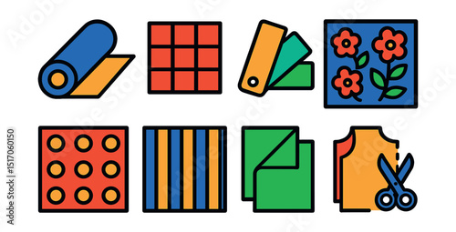 Flat vector icons of patterns and textiles: fabric roll, pattern grid, swatch book, floral pattern, polka dots, stripes, textile fold, cut pattern.