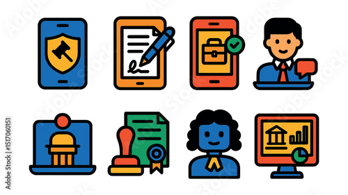 Flat vector icons of legal apps and tech tools: law app icon, contract signing app, case tracker, virtual lawyer, client portal, e-notary icon, legal chatbot, law tech dashboard.