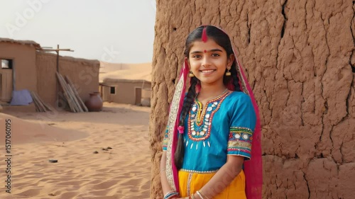 Wallpaper Mural Young indian girl wearing traditional clothing smiles while standing near a mud brick house in a desert village, showcasing the rich culture and simple life of rural communities Torontodigital.ca