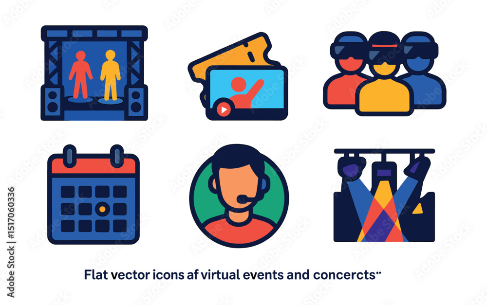 Flat vector icons of virtual events and concerts: stage with holograms, ticket icon, live concert stream, audience with VR gear, event calendar, host avatar, backstage icon, light show effect.