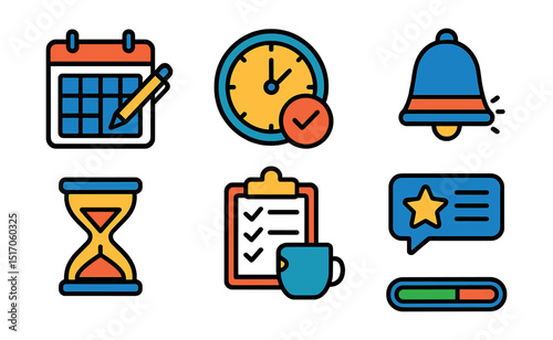 Flat vector icons of writing deadlines and motivation: calendar with pen, ticking clock, hourglass, deadline bell, goal checklist, motivational quote icon, cup of tea with notebook, progress bar.