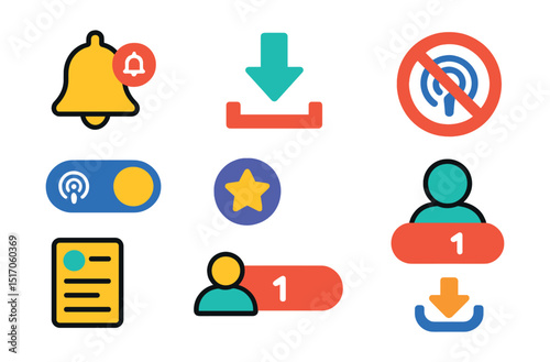 Flat vector icons of podcast subscriptions and downloads: subscribe bell, follow toggle, download icon, offline mode badge, saved episodes list, subscription tier icon, subscriber number,