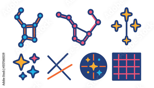 Flat vector icons of constellations and patterns: Orion constellation, Big Dipper, Cassiopeia, Southern Cross, constellation lines, glowing stars, star coordinates, night sky grid.