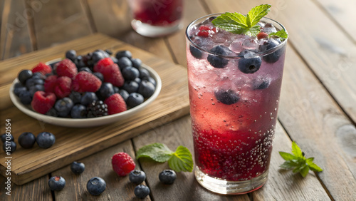A tall, frosty glass filled with a vibrant drink that fades from deep indigo (blueberry-infused base) to ruby red (raspberry swirl) at the top