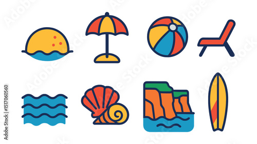 Flat vector icons of beach and coastlines: sandy beach, beach umbrella, beach ball, sun lounger, beach waves, seashells, coastal cliffs, surfboard.