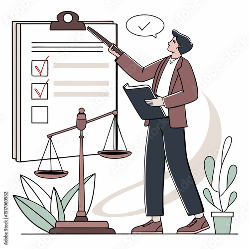 Male lawyer standing with documents, gavel, and scale, explaining legal case on clipboard background. Legal advice and justice concept. Vector .