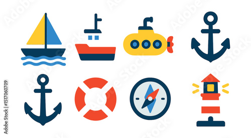 Flat vector icons of sailing and sea transport: sailboat, fishing boat, submarine, marine radar, anchor, lifebuoy, ocean compass, lighthouse.
