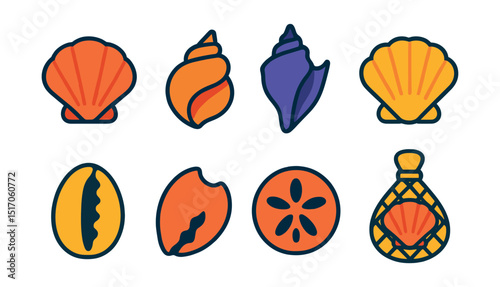 Flat vector icons of shell collection: clam shell, spiral shell, conch, scallop, cowrie shell, broken shell, sand dollar, shell bag.
