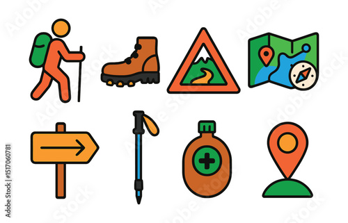 Flat vector icons of hiking activities: hiker with backpack, hiking boots, mountain trail marker, map and compass, trailhead sign, trekking pole, water canteen, elevation marker.