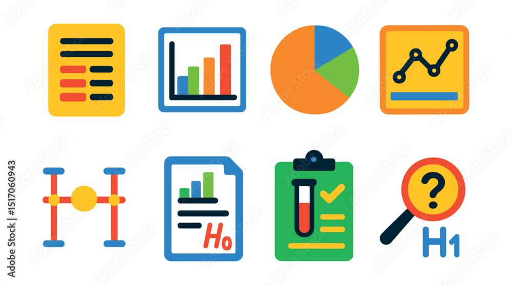 Flat vector icons of scientific data and analysis: data sheet, graph icon, pie chart, trend line, error bars, statistical icon, research results, hypothesis testing. Flat vector icons of scientific data and analysis: data sheet, graph icon, pie chart, trend line, error bars, statistical icon, research results, hypothesis testing.